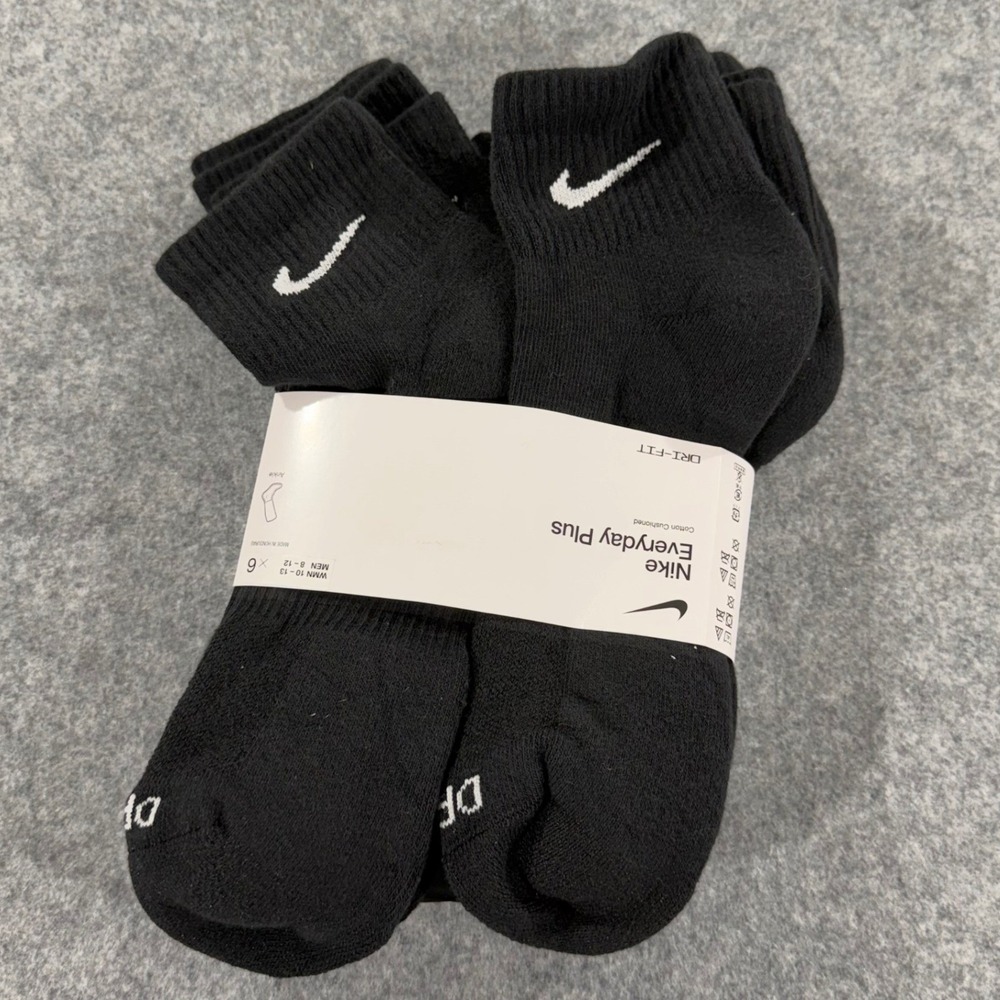 Nike Everyday Plus Quarter Ankle Socks 6‎ Pair Black Dri-FIT Large M 8-12